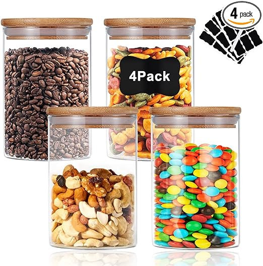 Nialnant Glass Food Storage Jar, Glass Jars with Bamboo Lids and Labels, 4PCS Glass Canisters Set... | Amazon (US)