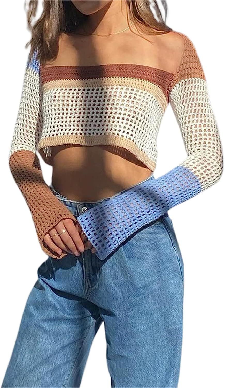 Sunloudy Womens Cropped Knit Top Long Sleeve Crochet Hollow Out Square Collar Sweater Crop Tops | Amazon (US)