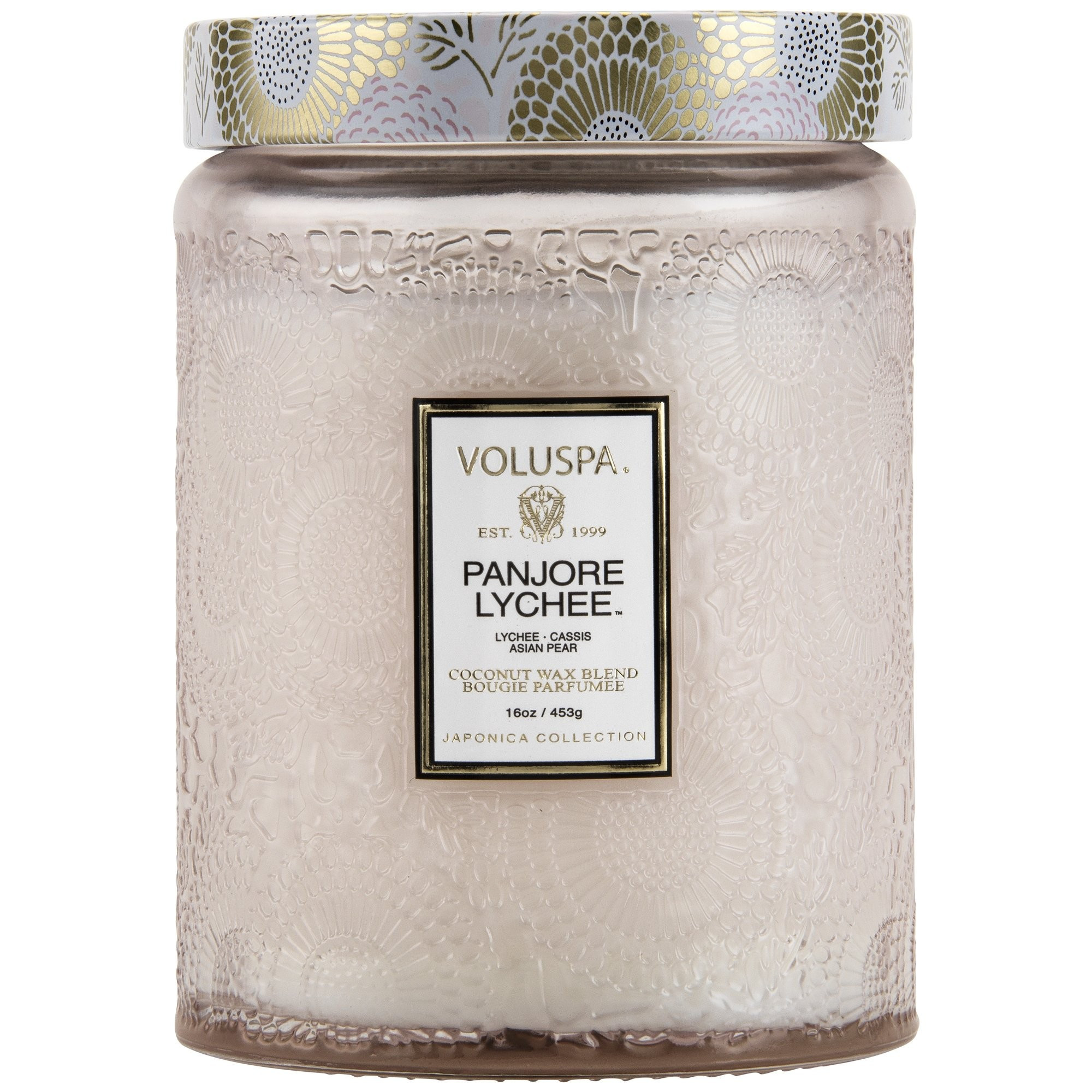 Large Embossed Glass Jar Candle in Panjore Lychee design by Voluspa | Burke Decor