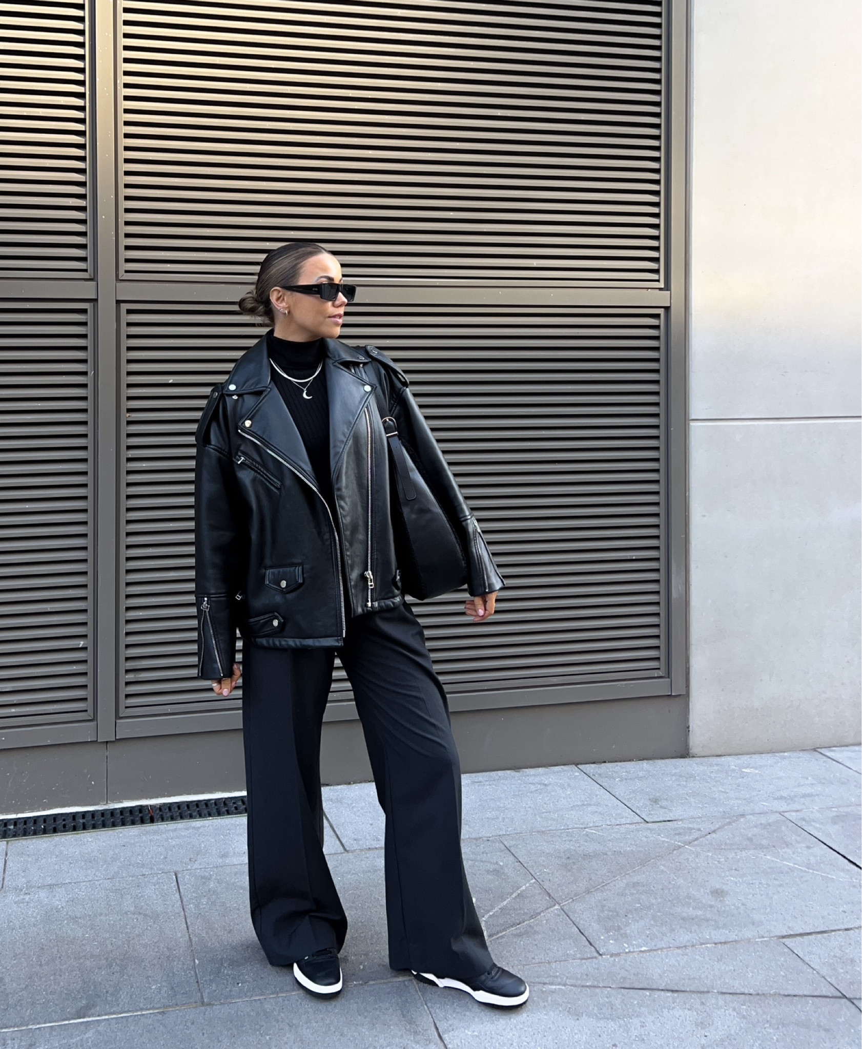 All black outfit for a winters day that isn’t *too* cold! ❄️ styling an oversized leather jacket with roll neck and straight leg tailored trousers, look finished with M&S Borg tote bag and new balance 550 trainers. 

#LTKstyletip #LTKeurope #LTKfindsunder50