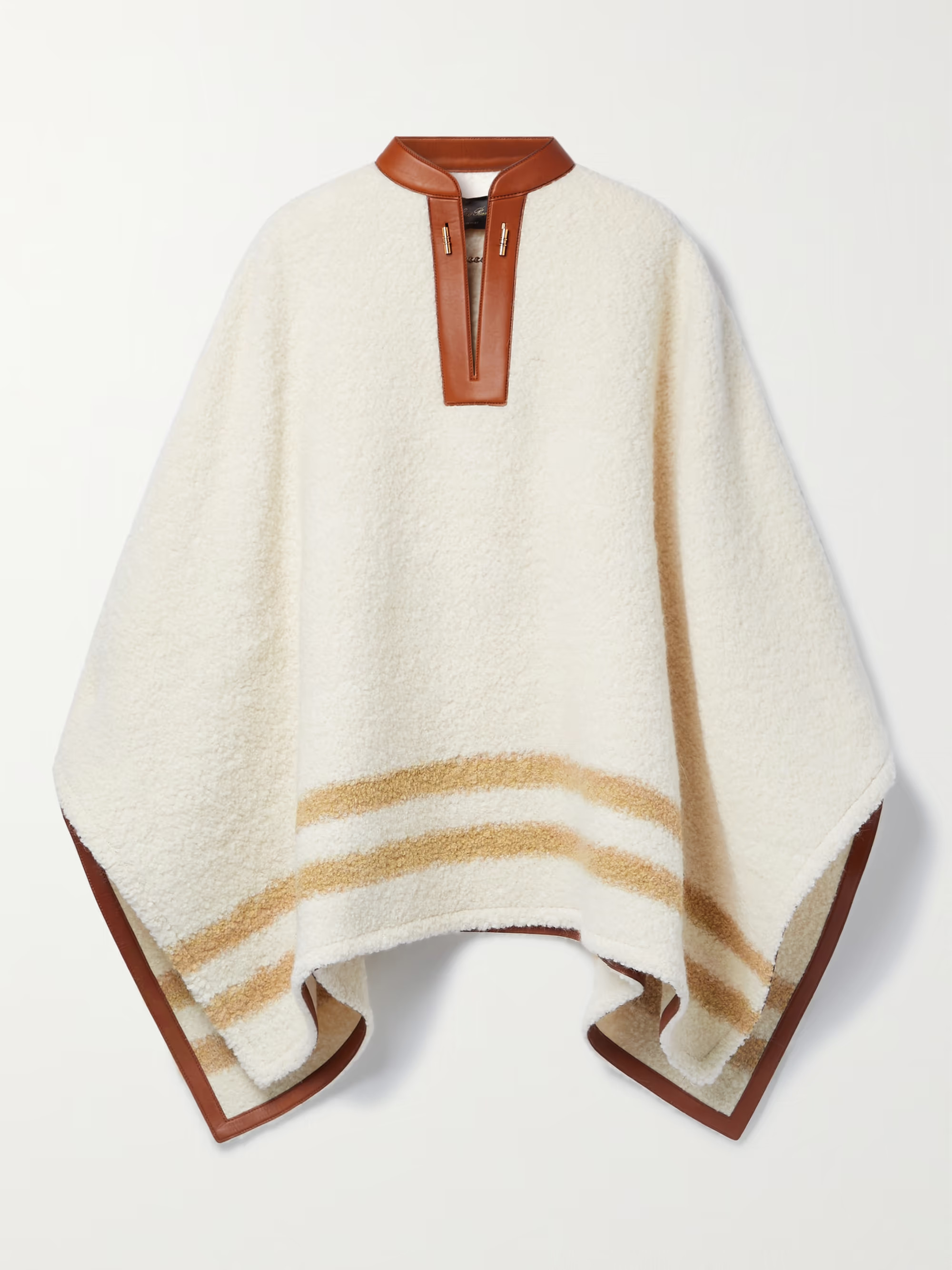 Leather-trimmed striped alpaca-blend bouclé poncho | NET-A-PORTER (US)