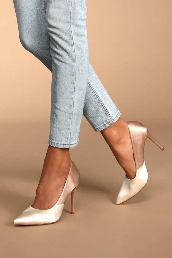 Lumii White and Champagne Satin Color Block Pointed-Toe Pumps | Lulus (US)