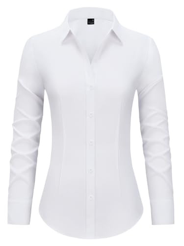 Women's Button Down Shirts Collared Fitted Dress Shirts Long Sleeve Wrinkle Free Blouse Formal Office Work Tunic Tops - All White 4XL | Amazon (US)