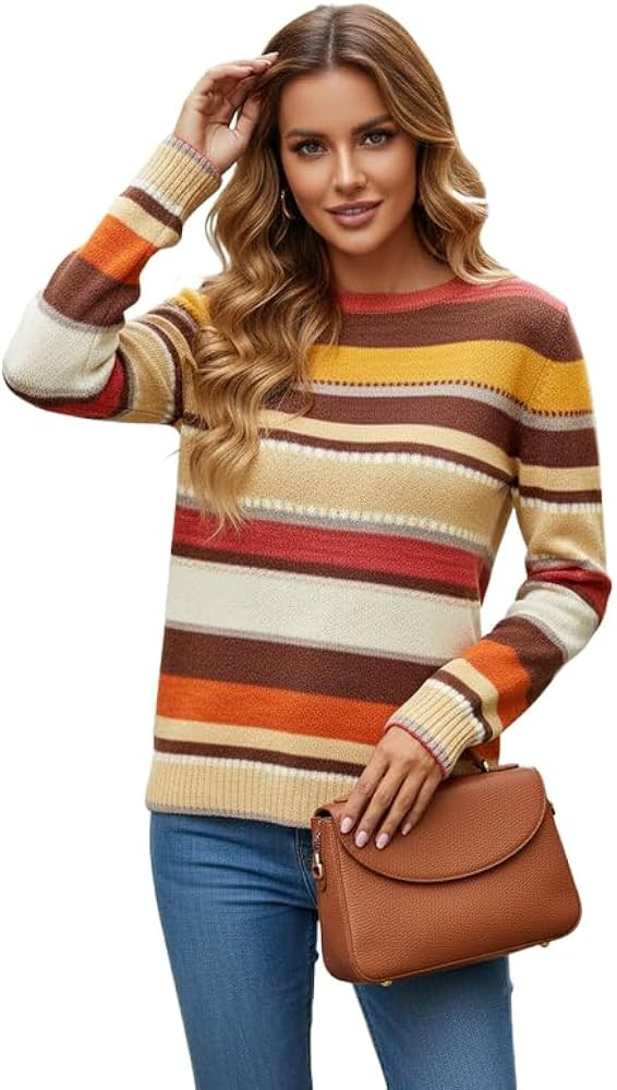 Women's Striped Knit Sweaters Color Block Long Sleeve Pullover Sweater | Amazon (US)