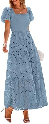 PRETTYGARDEN Summer Dresses for Women 2026 Eyelet Square Neck Puff Sleeve Smocked Wedding Guest M... | Amazon (US)