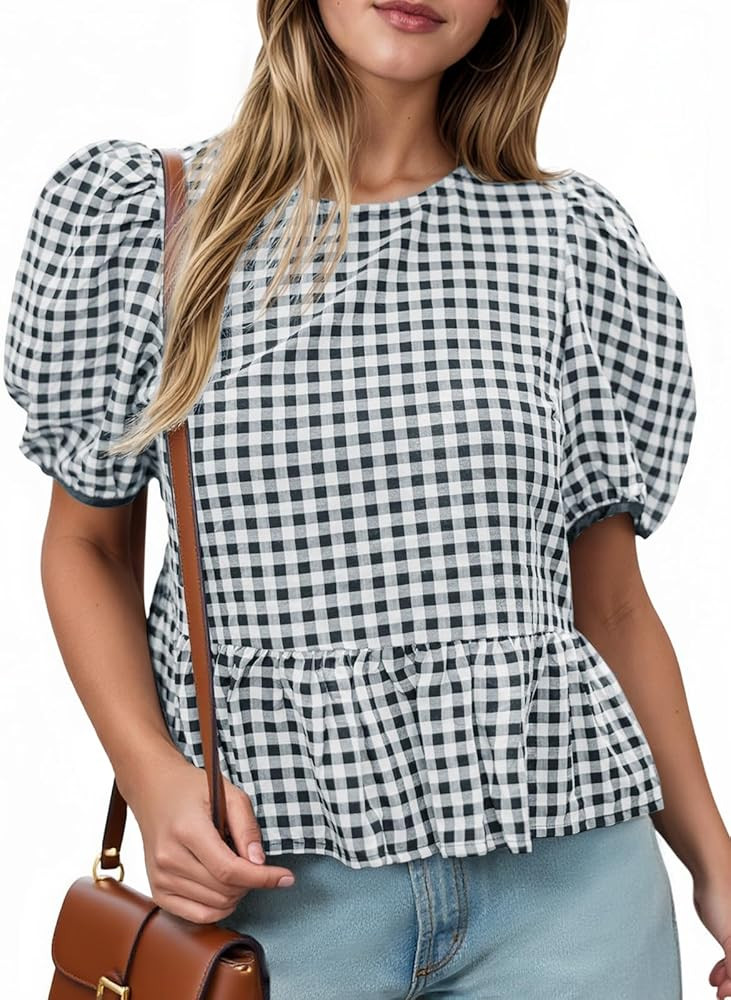 Cicy Bell Womens Puff Sleeve Gingham Blouse Summer Ruffle Peplum Babydoll Tops Cute Plaid Cotton ... | Amazon (US)
