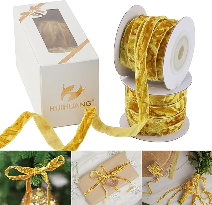 HUIHUANG Gold Velvet Ribbon 3/8" Crushed Velvet Ribbon for Christmas Tree Ornaments, Gift Wrappin... | Amazon (US)