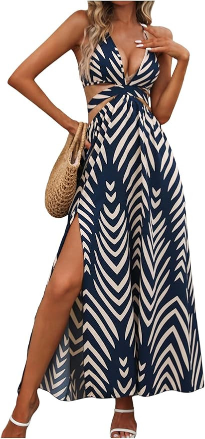 SweatyRocks Women's High Split Tie Backless Cut Out Halter Maxi Dresses Boho Vacation Long Dress | Amazon (US)