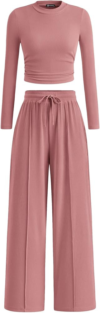 PRETTYGARDEN Women's 2 Piece Sets 2026 Fall Long Sleeve Crop Tops Wide Leg Pants Matching Outfit ... | Amazon (US)