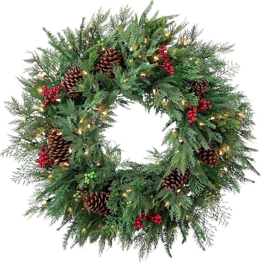 Balsam Hill Outdoor Winter Evergreen Christmas Wreath - Timeless Cheer Front Door Wreath with Ced... | Amazon (US)