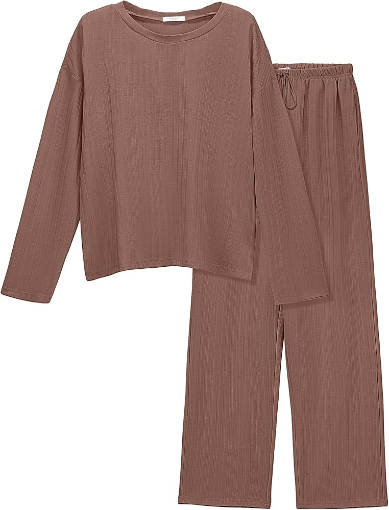 Ekouaer Womens Ribbed Knit Lounge Set Long Sleeve Top and Long Pants Sleepwear Pajama Set Two Pie... | Amazon (US)
