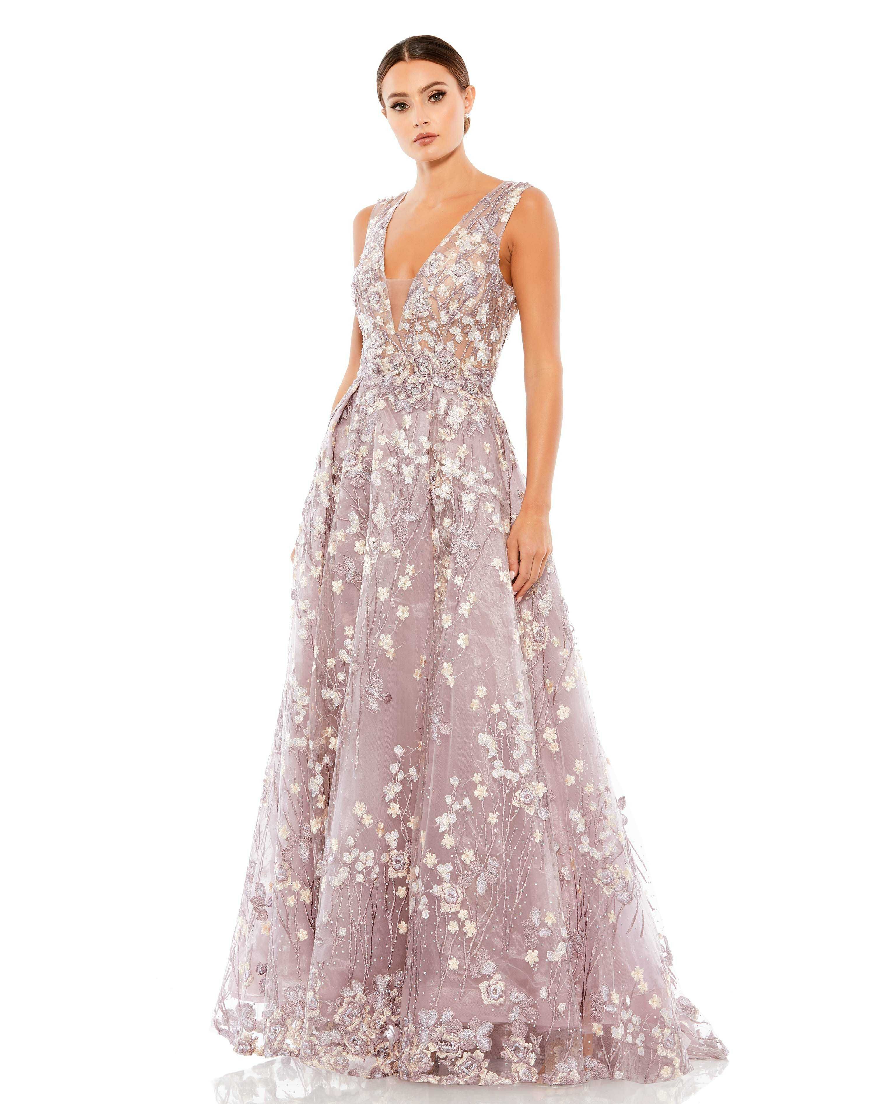 Floral Embroidered Illusion V-Neck Gown | Mac Duggal
