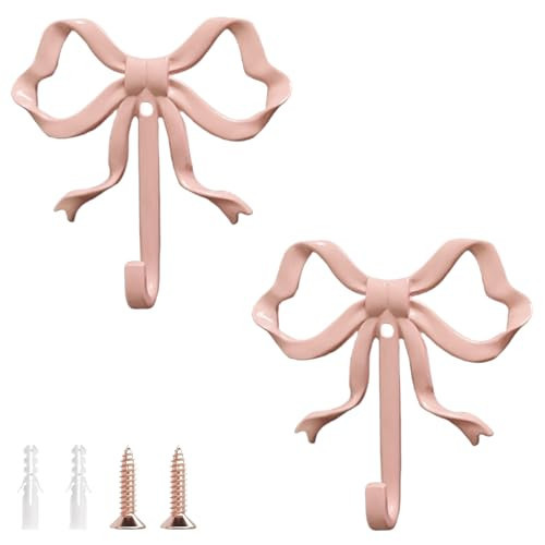 Eptcp 2Pcs Pink Bow Hooks for Wall, Brass Bowknot Coat Hook, Cute Bow Towel Hook for Hanging Purse,Clothes,Bag,Hat Home Decor (Pink, 2 Pack) | Amazon (US)