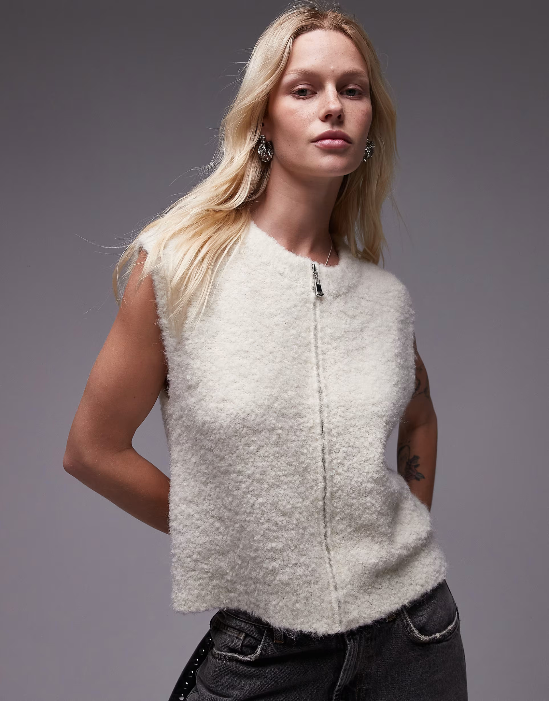Topshop knitted zip through boucle crew neck vest in ivory | ASOS (Global)