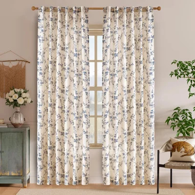 Floral Linen Curtains, Farmhouse Curtain Back Tab Drapes For Living Room Bedroom Light Filtering Vintage Rod Pocket Curtains For Home, 2 Panels, (Blue | Wayfair North America