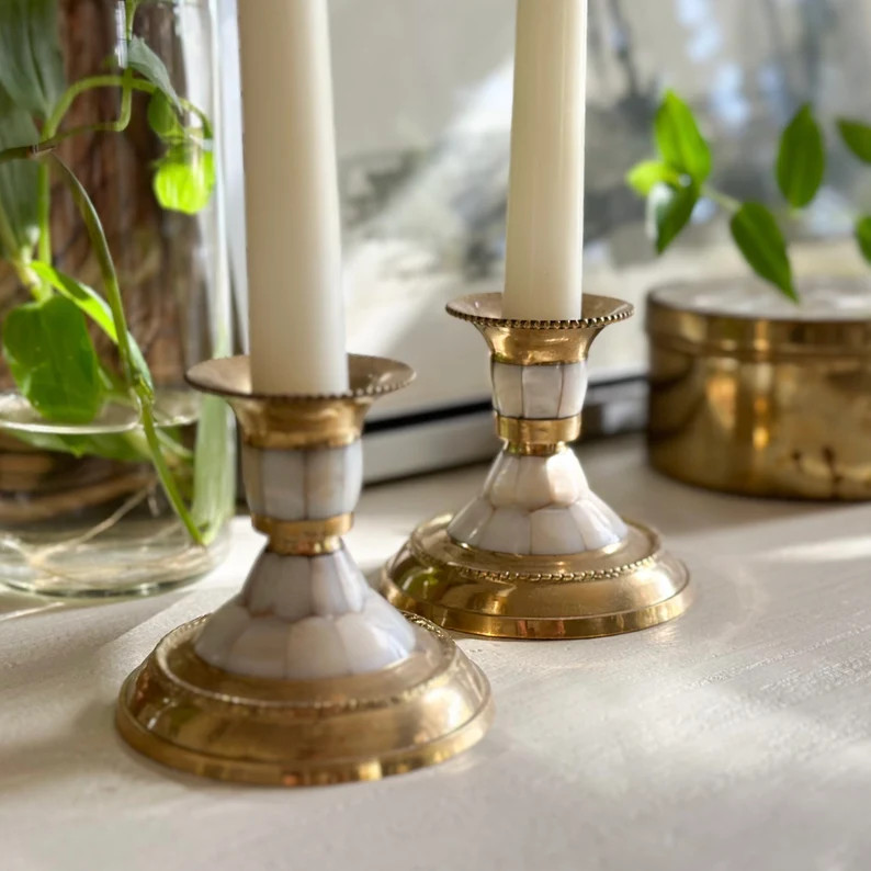 Akshi Candlesticks - Vintage Brass and Abalone Shell Mother Of Pearl Inlay Candlesticks | Etsy (US)