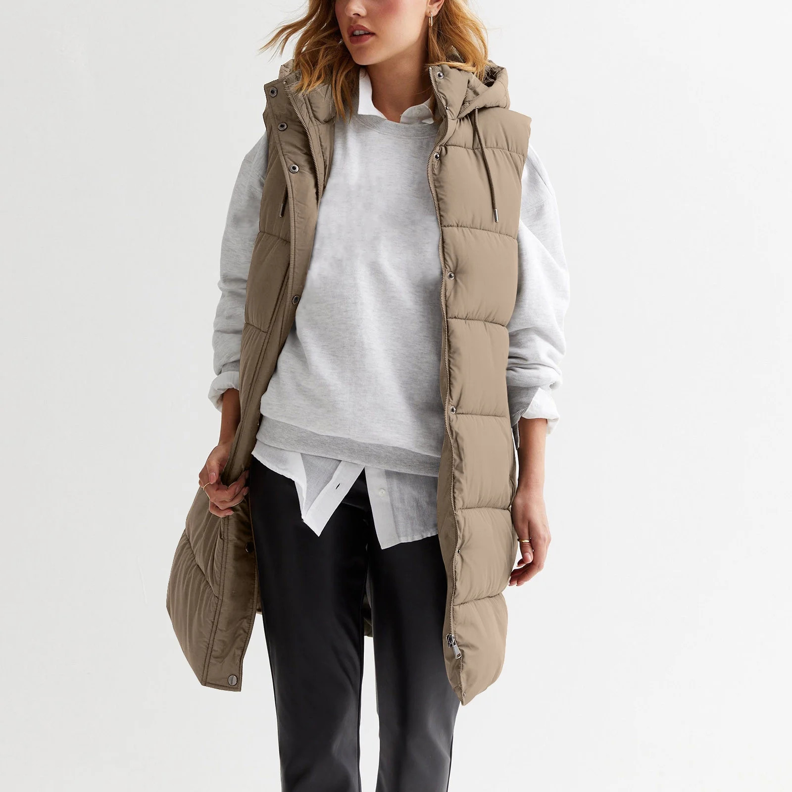 Women's Long Puffer Vest, Quilted Faux Down Filled Hooded Vest for Fall and Winter（S-2XL, Beige... | Walmart (US)