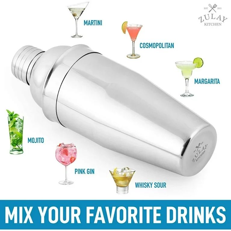 Zulay Kitchen Cocktail Shaker Stainless Steel Drink Mixer with Strainer 24 oz Silver Tumbler | Walmart (US)