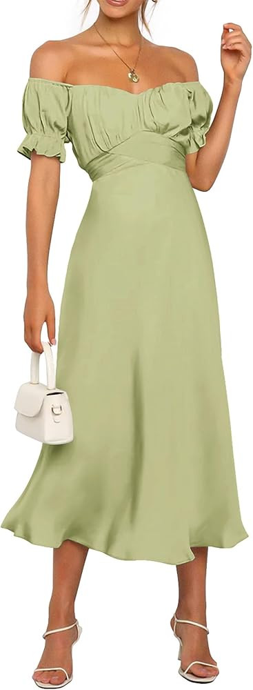KIRUNDO Women's 2025 Summer Satin Midi Dress Off The Shoulder Wrap Ruched Wedding Guest Party Coc... | Amazon (US)