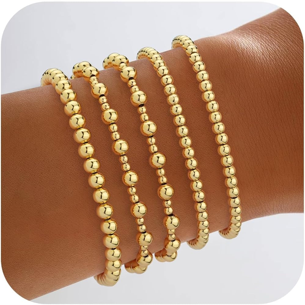 Howoo 18K Gold Plated Bracelets for Women Beaded Bracelets Stack Stretch Bead Ball Jewelry for Wo... | Amazon (US)