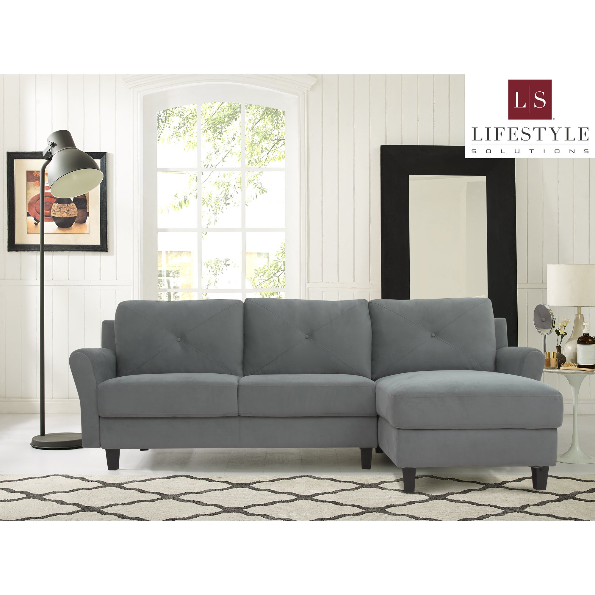 Lifestyle Solutions Taryn 3 Seat Sectional Sofa Upholstered Microfiber Fabric Rolled Arms, Dark G... | Walmart (US)
