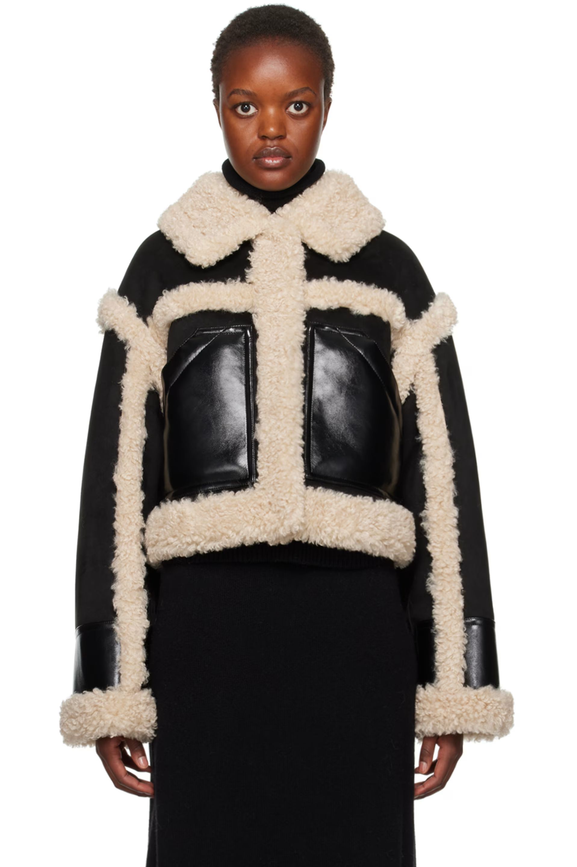 Stand Studio - Black & Off-White Edith Faux-Shearling Jacket | SSENSE