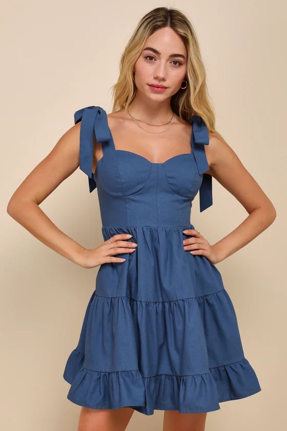 Tier-ly Delightful Blue Tie-Strap Tiered Bustier Mini Dress | Lulus