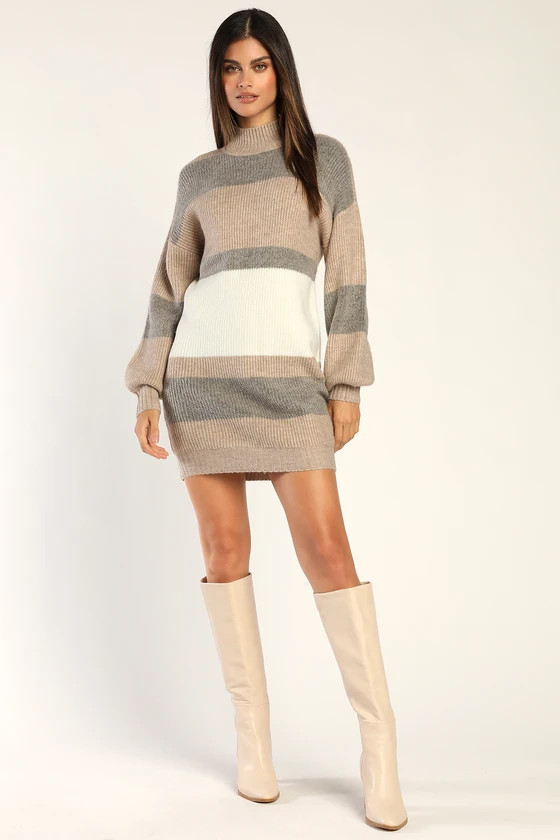Casually Comfy Taupe Multi Striped Mock Neck Sweater Dress | Lulus