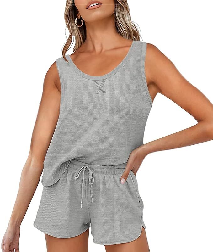Women's Waffle Knit Pajama Set Short Sleeve Top and Shorts Lounge Loungewear Sleepwear Night wear... | Amazon (US)