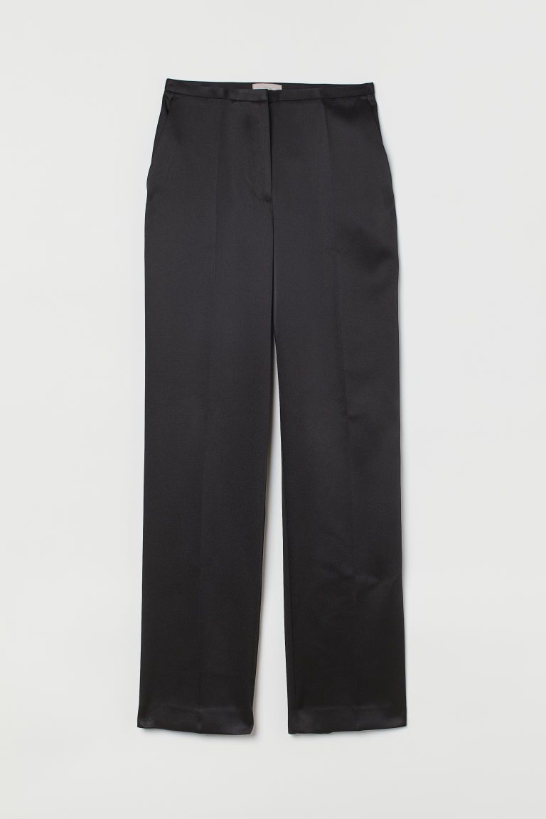 H & M - Straight-leg Satin Pants with Creases - Black | H&M (US)