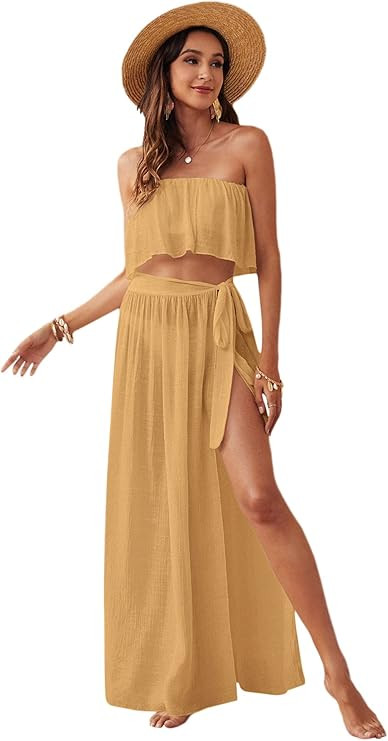 Verdusa Women's 2 Piece See Through Bandeau Top and Tie Side Long Skirt Cover Up Set | Amazon (US)