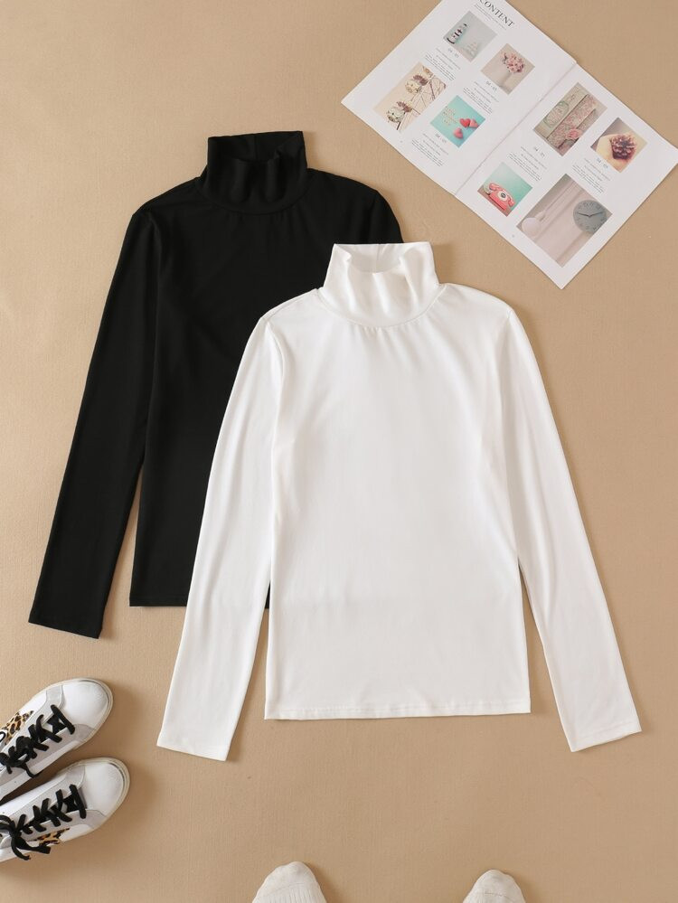 2pcs Solid High Neck Tee | SHEIN