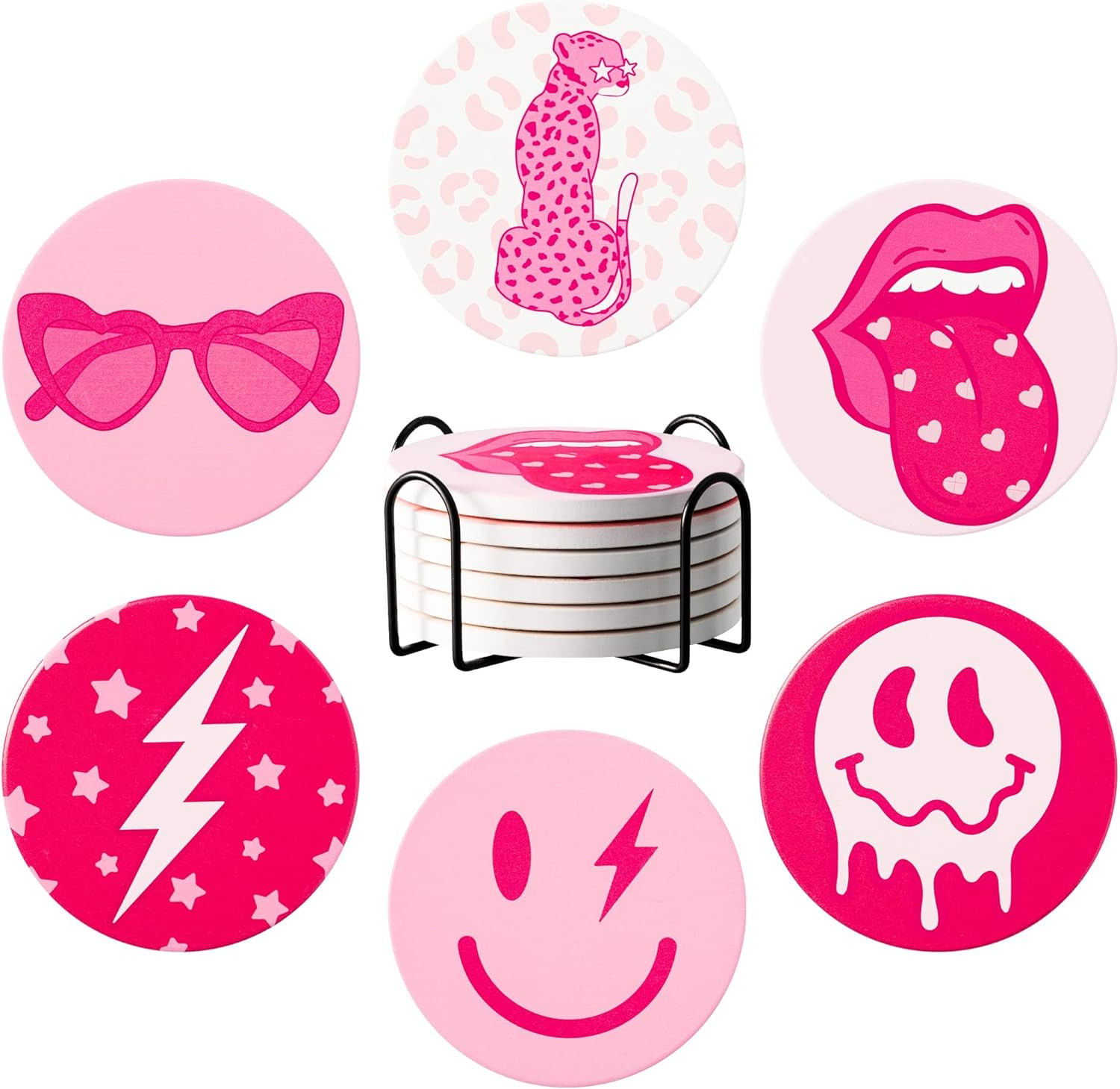 Preppy Drink Coasters with Holder, Set of 6 Smile Lip Lightning Bolt Leopard Vintage Glasses Anti... | Amazon (US)