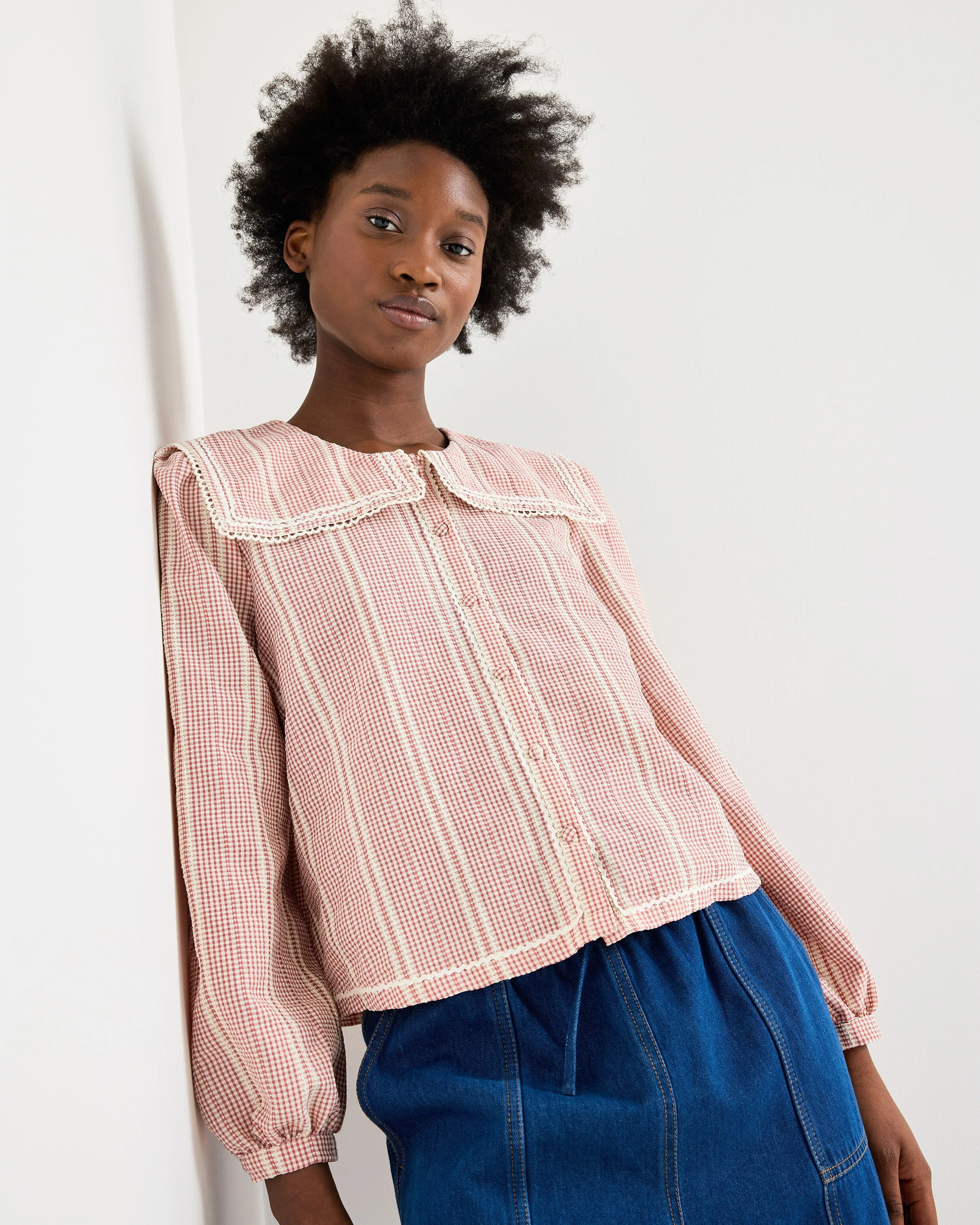 Pink & White Gingham Sailor Collar Blouse, size 16 | Oliver Bonas (Global)