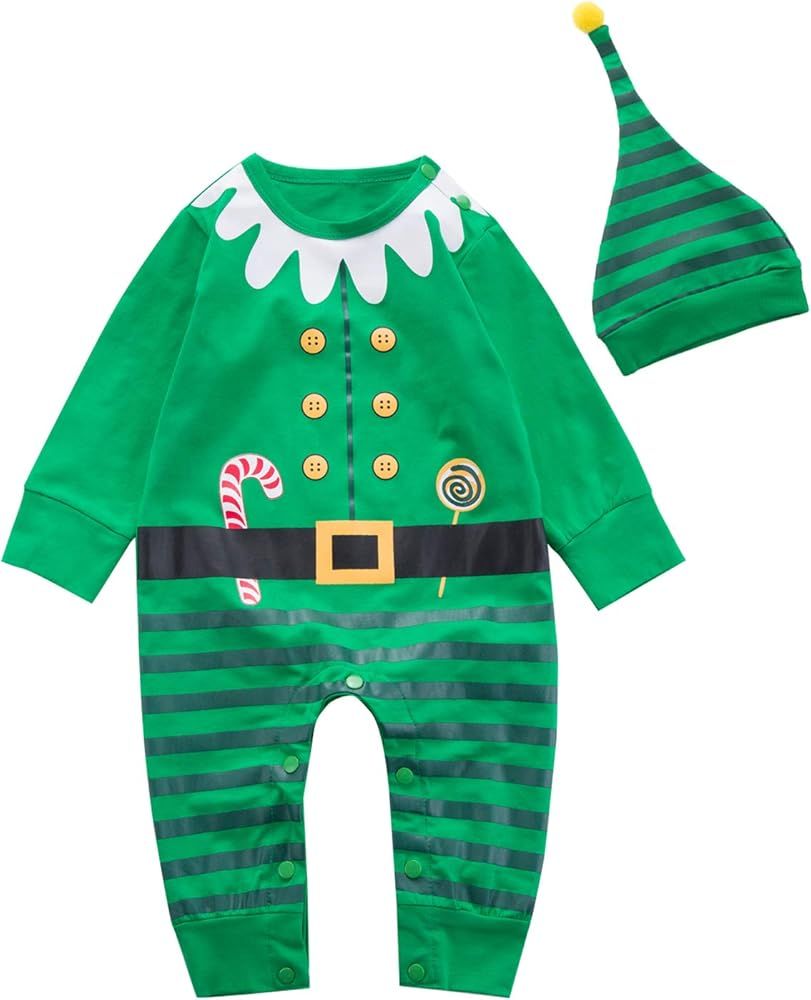Baby Boys' Outfit Set Christmas Elf Costume Funny Romper with Hat | Amazon (US)