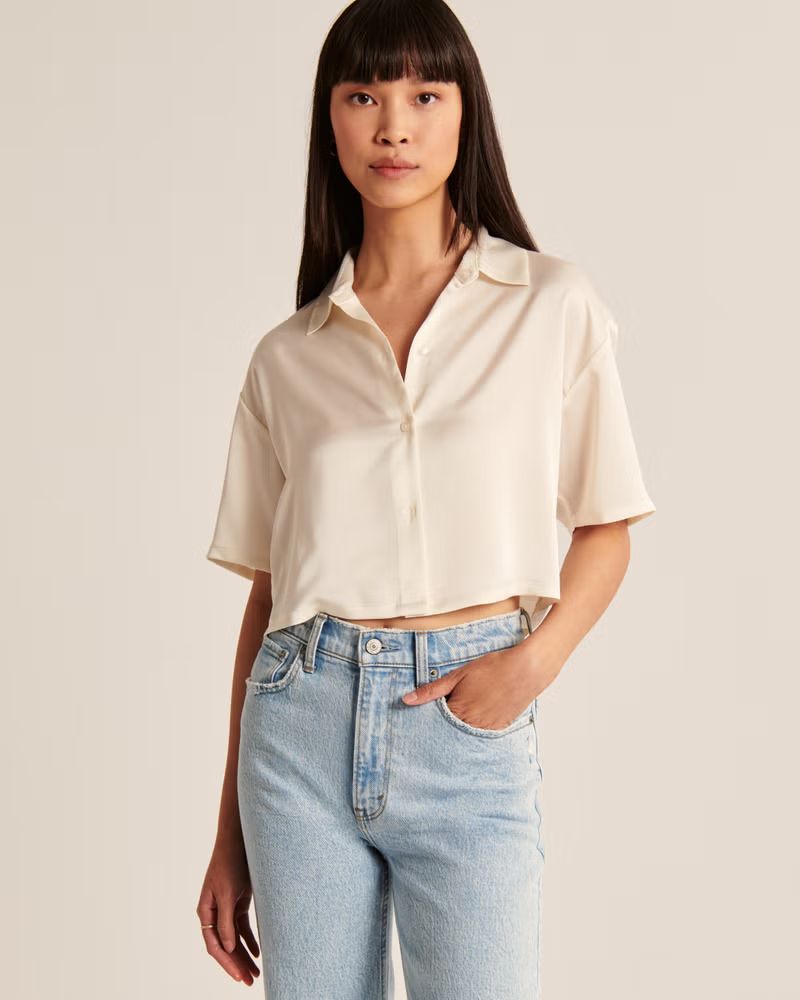 Short-Sleeve Boxy Satin Button-Up Shirt | Abercrombie & Fitch (US)