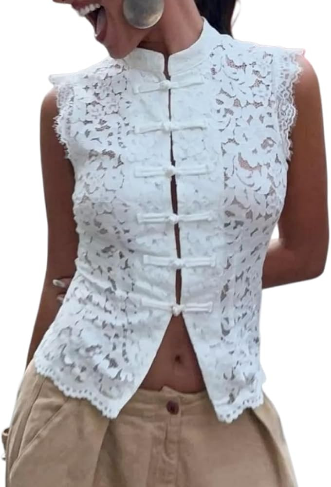 Seyumixi Women Floral Lace Crop Top Sleeveless Frog Button Mock Neck Tank Top See Through Coquett... | Amazon (US)