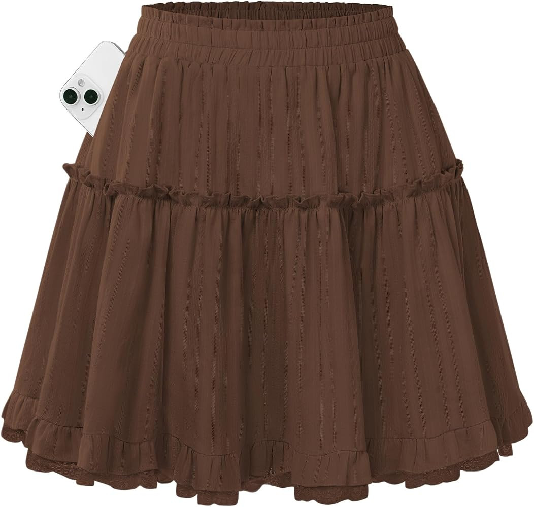 Kate Kasin Women Cotton Mini Skirt with Shorts Underneath Ruffle Lace Skort | Amazon (US)