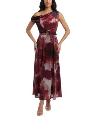 Taylor Women's Belted Off-the-Shoulder Floral A-Line Dress - Burgundy Wine | Macy's