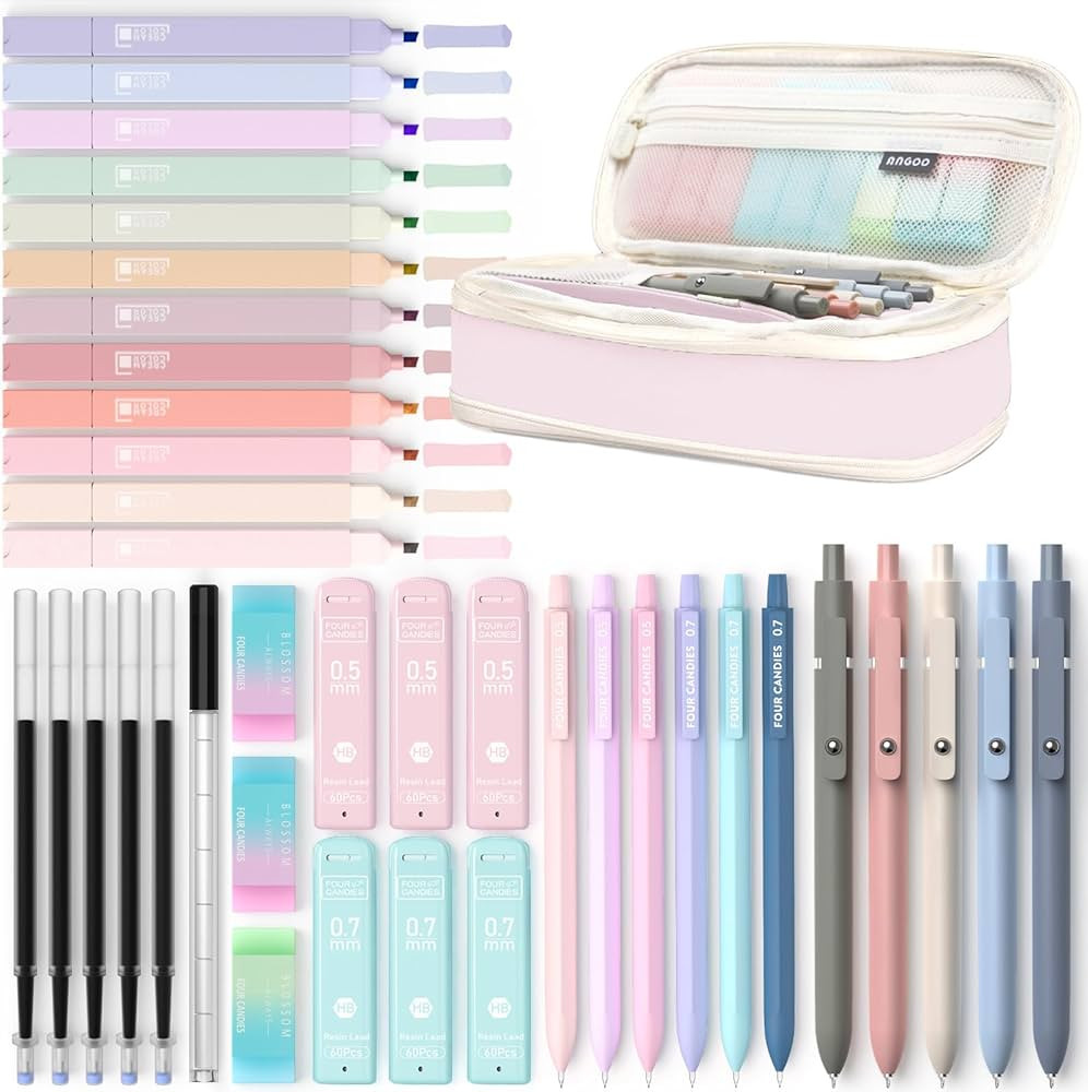 Four Candies 39 PCS Aesthetic School Supplies with Cute Pen Case, 12 Pastel Highlighters, 5 Black... | Amazon (US)