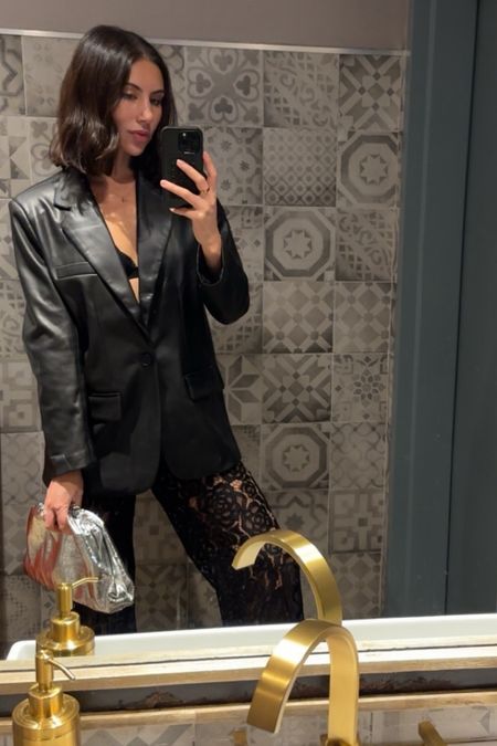 Date night, lace pants, leather blazer 