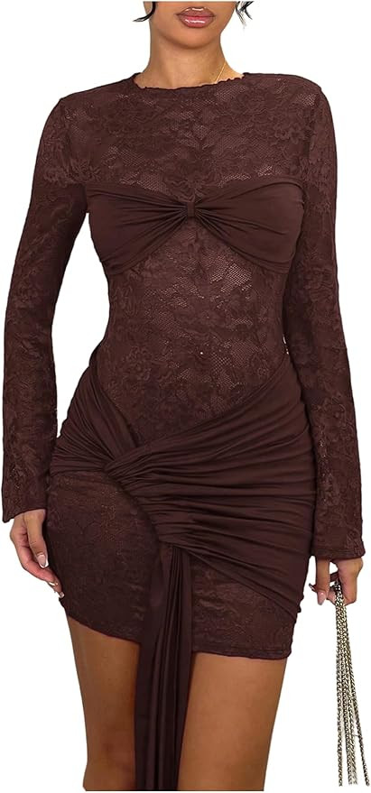 Verdusa Women's Lace Mini Dress Long Sleeve Bodycon Mesh Dresses Formal Wedding Guest Dress | Amazon (US)