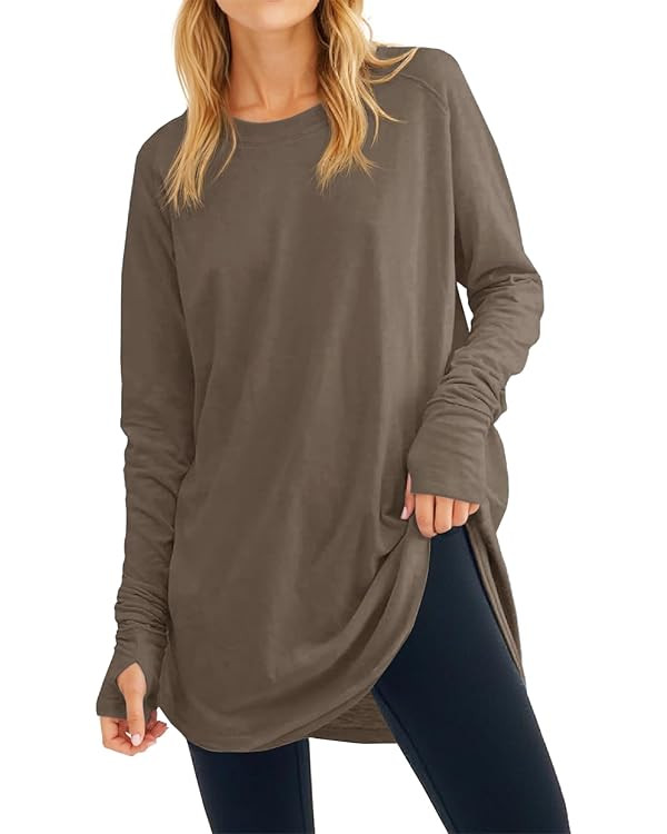 Fisoew Women's Casual Long Sleeve Tops Crew Neck Round Hem Loose T-Shirts Tunic Tops with Thumb H... | Amazon (US)