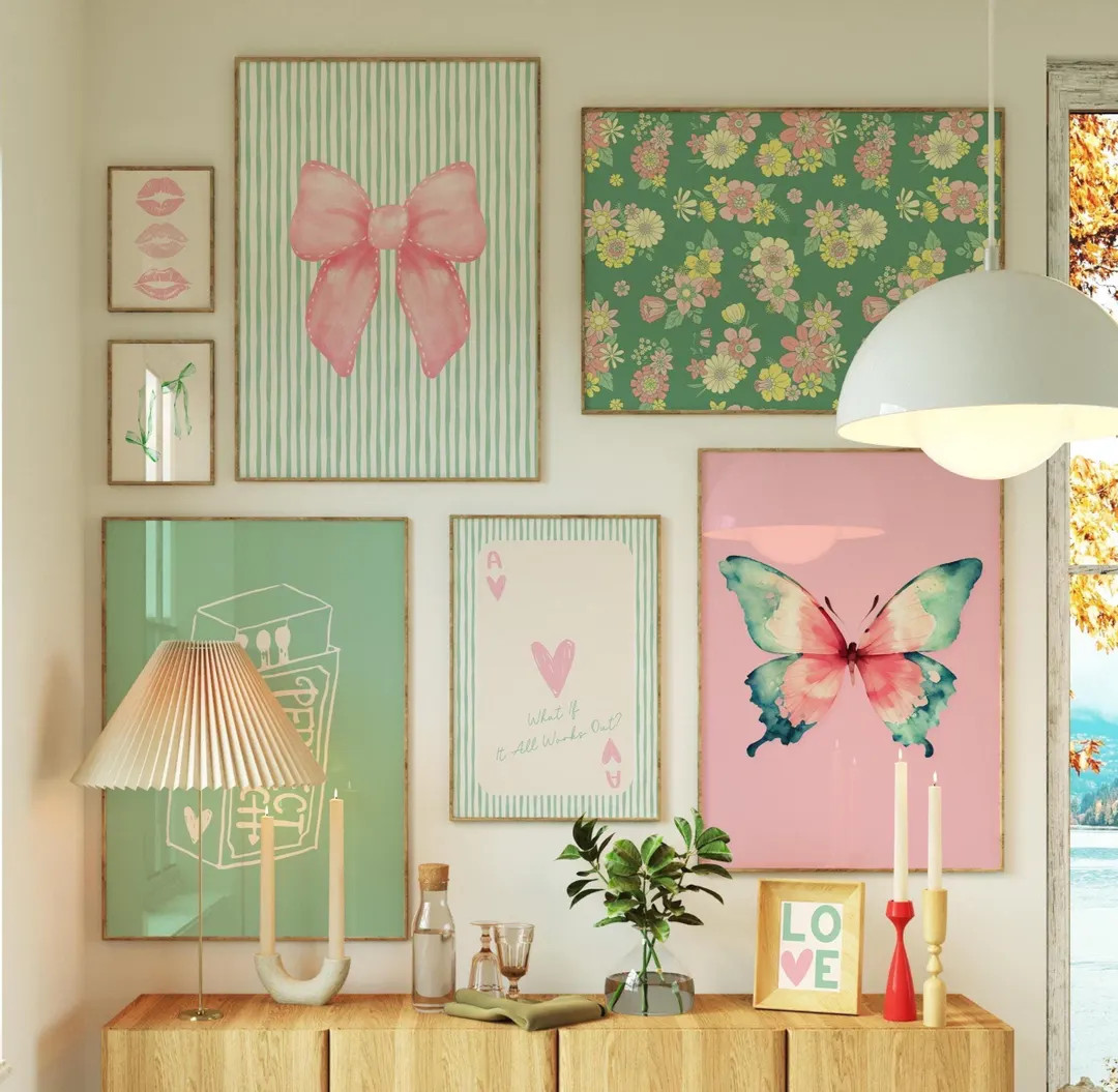 Pink and Green Preppy Set of 10, Floral Love Art, Trendy Girls Dorm Decor, How Lucky Are We, Coqu... | Etsy (US)