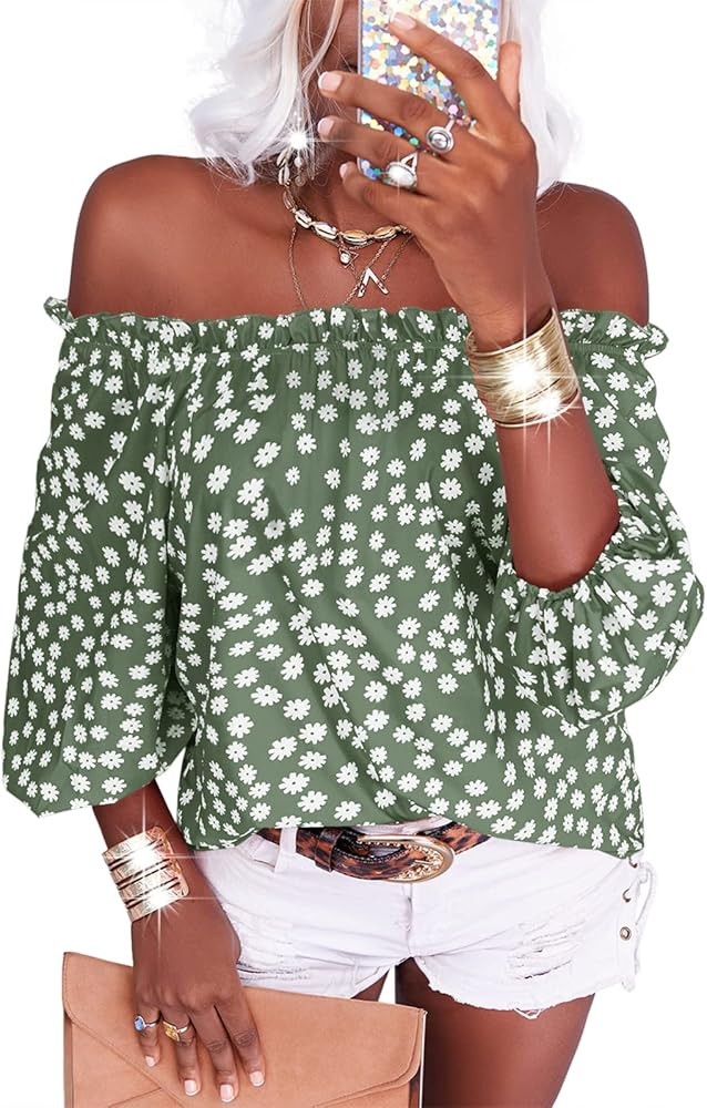 Teurkia Womens Summer Off Shoulder Blouse Floral Print 3/4 Sleeve Casual Chiffon Tops Shirts | Amazon (US)