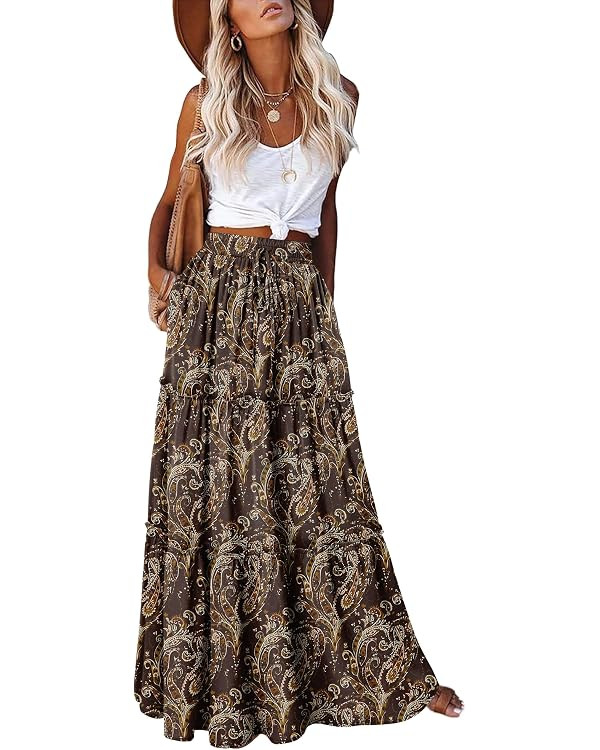 onlypuff Maxi Skirt for Women Boho Western Skirts High Waist Long Skirt with Pockets Fall Festiva... | Amazon (US)