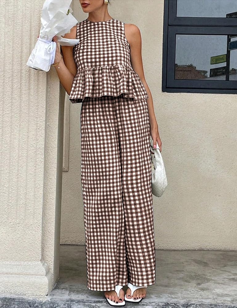 Womens 2 Piece Outfits Sets Gingham Plaid Sleeveless Ruffle Tank Tops and Wide Leg Pants Summer M... | Amazon (US)