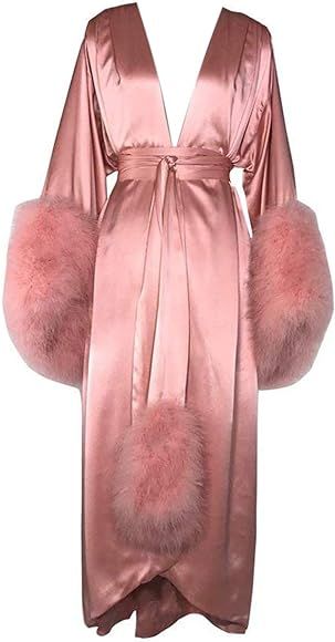 BathGown Women's Robe Fur Nightgown Bathrobe Sleepwear Feather Bridal Robe with Belt | Amazon (US)