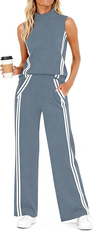 Casly Lamiit Womens 2 Piece Lounge Set Stripes Travel Outfits Sweatsuit Mock Neck Tank Top Wide L... | Amazon (US)
