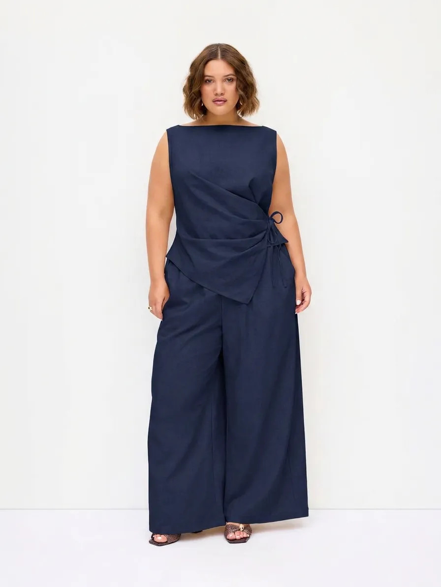 Linen-blend Boat Neck Wrap Tie Top & Mid Rise Wide Leg Trousers Set Curve & Plus | Cider